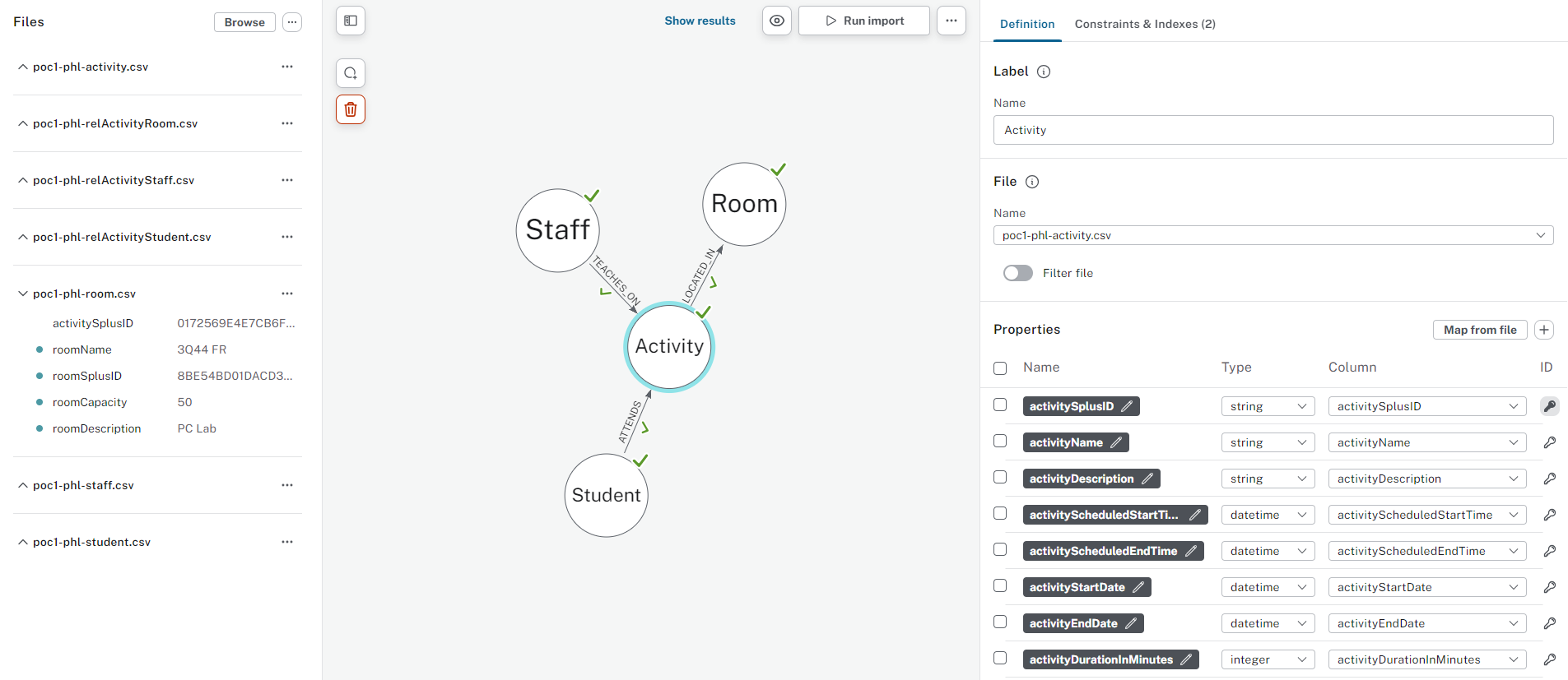 Neo4j Interface showing basic nodes and properties